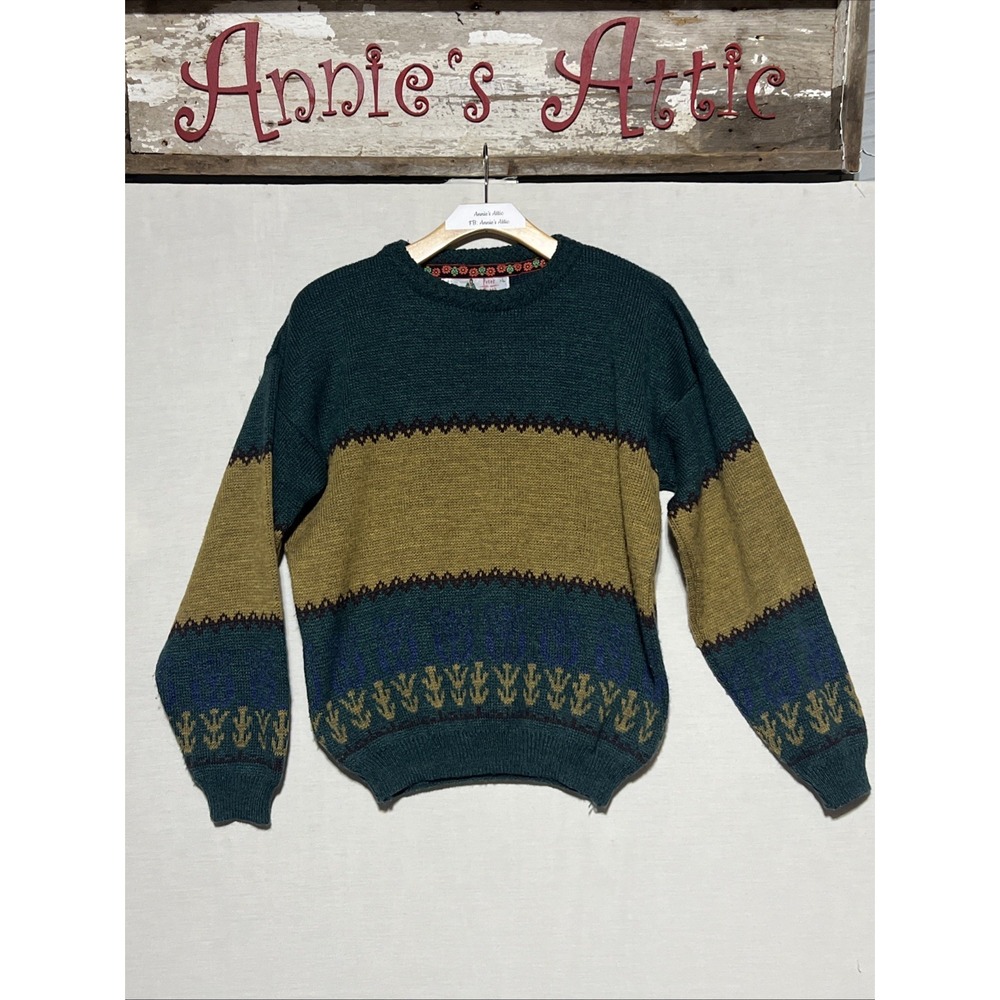 Vintage Peter Werth Grandpa Knit Mens Green Brown Sweater Sz L Made in England